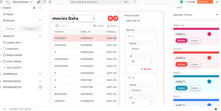 Appsmith dashboard for managing an existing dataset