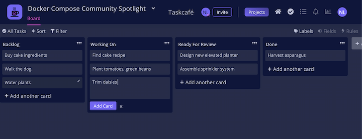 Taskcafé Kanban board ticket dashboard