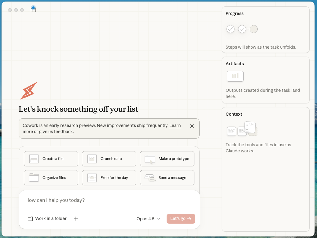 Claude Cowork UI on Claude Desktop
