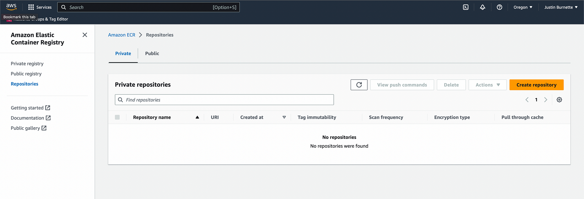 Amazon Elastic Container Registry dashboard