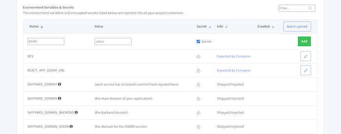 Doom React Flask Postgres Starter Env Vars Configure on Shipyard