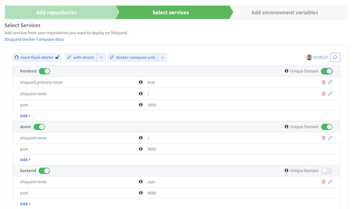 Doom React Flask Postgres Starter Services Configure on Shipyard